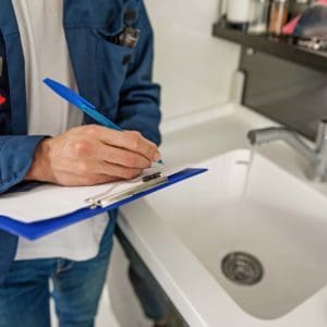 Male person keeping blue clipboard